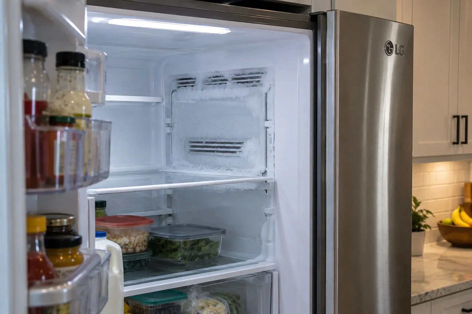 Frost buildup inside an LG refrigerator