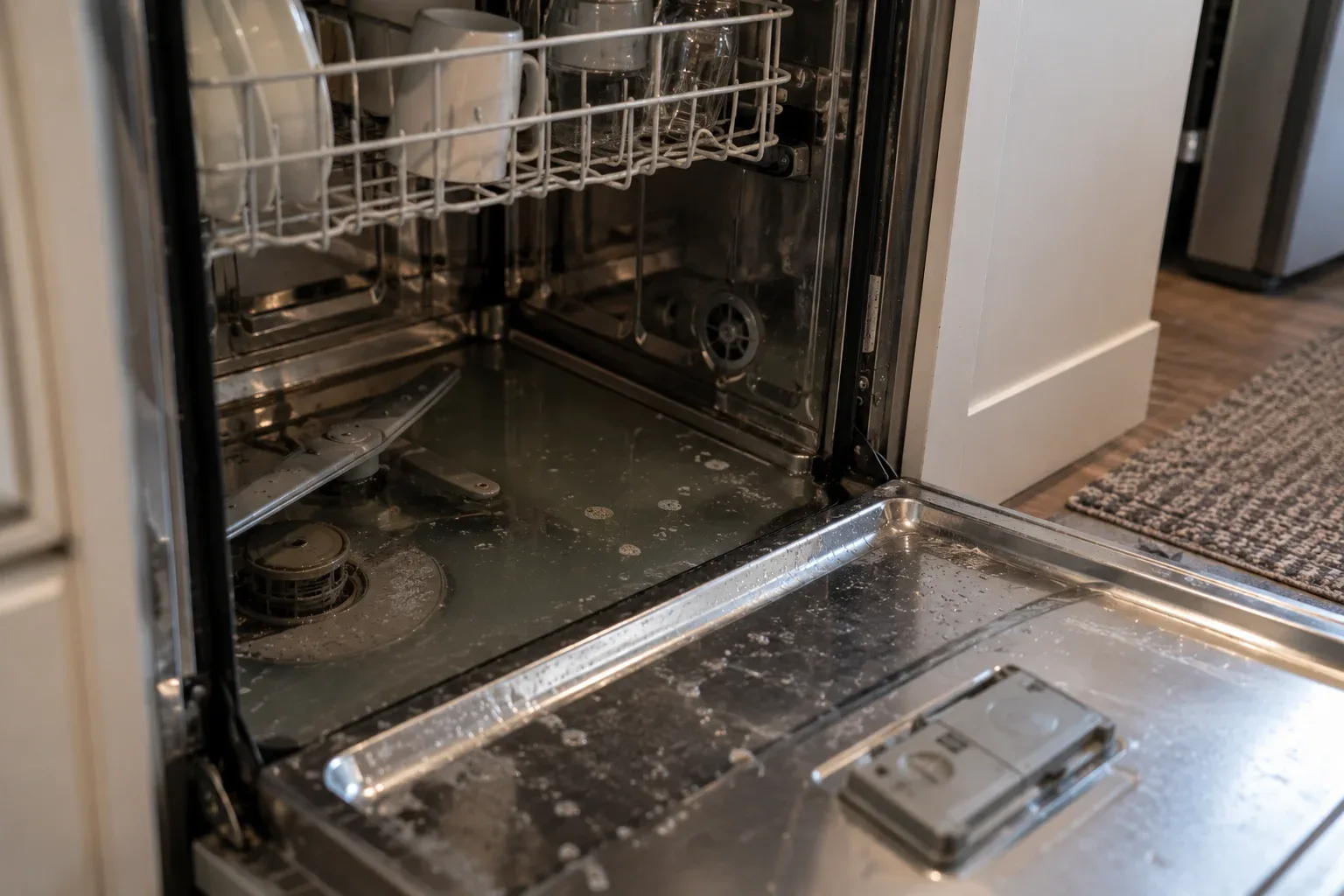 Dishwasher with a visible drainage problem
